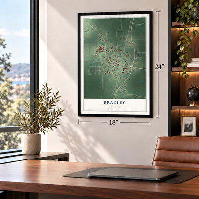 Bradley, Arkansas map, 18 x 24 inch print in a black frame in a home office