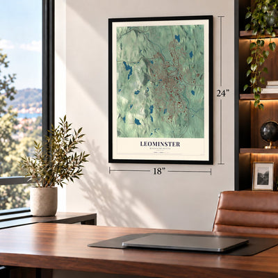 Leominster, Massachusetts map, 18 x 24 inch print in a black frame in a home office