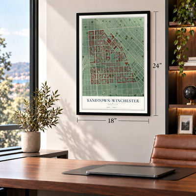 Sandtown-Winchester, Maryland map, 18 x 24 inch print in a black frame in a home office