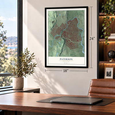 Paterson, New Jersey map, 18 x 24 inch print in a black frame in a home office