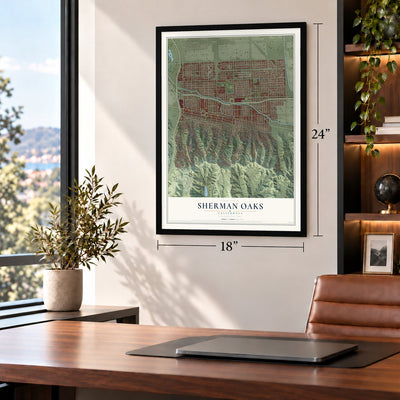 Sherman Oaks, California map, 18 x 24 inch print in a black frame in a home office