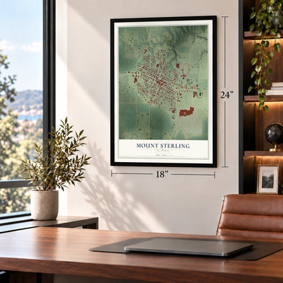 Mount Sterling, Illinois map, 18 x 24 inch print in a black frame in a home office