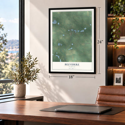 Belvidere, Michigan map, 18 x 24 inch print in a black frame in a home office