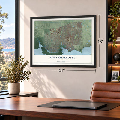 Port Charlotte, Florida map, 18 x 24 inch print in a black frame in a home office
