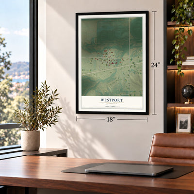 Westport, Minnesota map, 18 x 24 inch print in a black frame in a home office