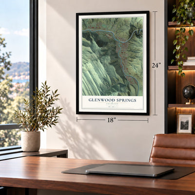 Glenwood Springs, Colorado map, 18 x 24 inch print in a black frame in a home office