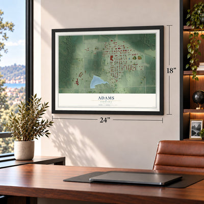 Adams, Nebraska map, 18 x 24 inch print in a black frame in a home office