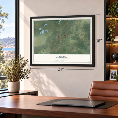Vernon, Florida map, 18 x 24 inch print in a black frame in a home office
