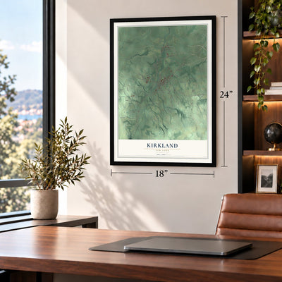 Kirkland, New York map, 18 x 24 inch print in a black frame in a home office