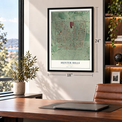 Hunter Hills, Georgia map, 18 x 24 inch print in a black frame in a home office