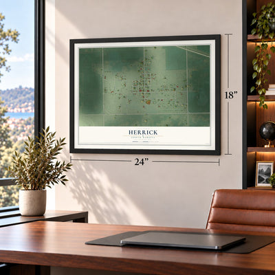 Herrick, South Dakota map, 18 x 24 inch print in a black frame in a home office