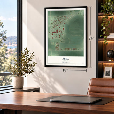 Alda, Nebraska map, 18 x 24 inch print in a black frame in a home office