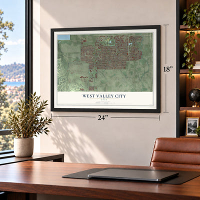 West Valley City, Utah map, 18 x 24 inch print in a black frame in a home office