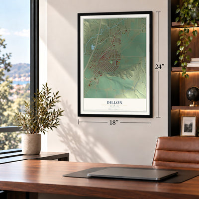Dillon, Montana map, 18 x 24 inch print in a black frame in a home office
