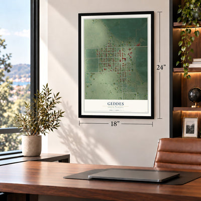 Geddes, South Dakota map, 18 x 24 inch print in a black frame in a home office