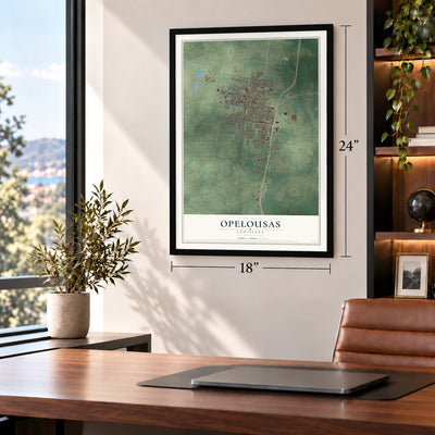 Opelousas, Louisiana map, 18 x 24 inch print in a black frame in a home office