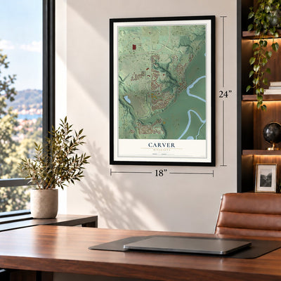 Carver, Minnesota map, 18 x 24 inch print in a black frame in a home office