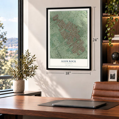 Alum Rock, California map, 18 x 24 inch print in a black frame in a home office