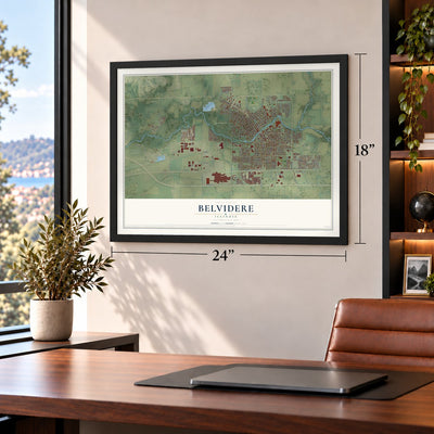 Belvidere, Illinois map, 18 x 24 inch print in a black frame in a home office