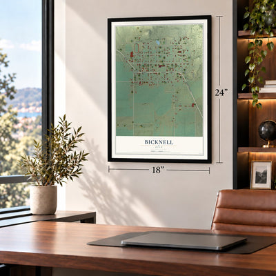Bicknell, Utah map, 18 x 24 inch print in a black frame in a home office