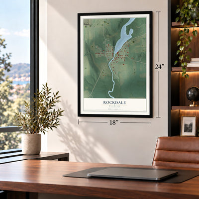 Rockdale, Wisconsin map, 18 x 24 inch print in a black frame in a home office