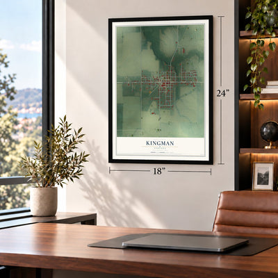 Kingman, Indiana map, 18 x 24 inch print in a black frame in a home office