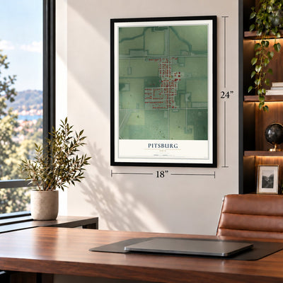 Pitsburg, Ohio map, 18 x 24 inch print in a black frame in a home office
