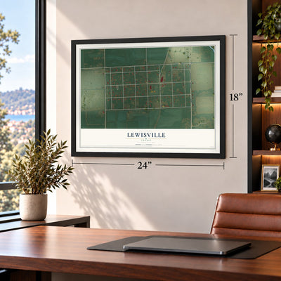 Lewisville, Idaho map, 18 x 24 inch print in a black frame in a home office