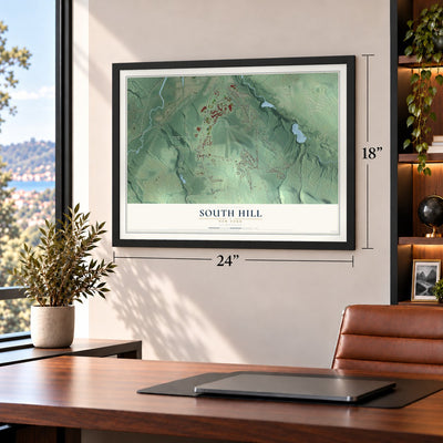 South Hill, New York map, 18 x 24 inch print in a black frame in a home office