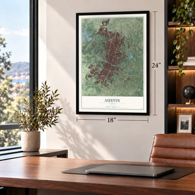 Austin, Texas map, 18 x 24 inch print in a black frame in a home office