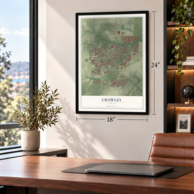 Crowley, Texas map, 18 x 24 inch print in a black frame in a home office