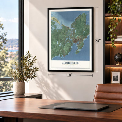 Gloucester, Massachusetts map, 18 x 24 inch print in a black frame in a home office
