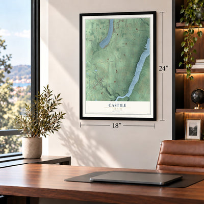 Castile, New York map, 18 x 24 inch print in a black frame in a home office