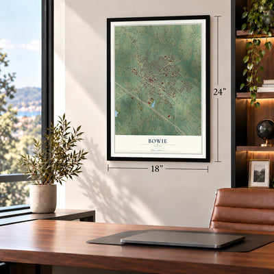Bowie, Texas map, 18 x 24 inch print in a black frame in a home office