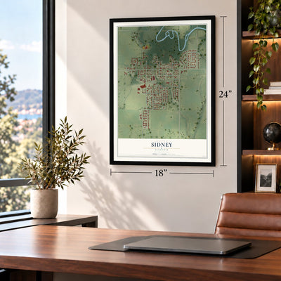 Sidney, Illinois map, 18 x 24 inch print in a black frame in a home office