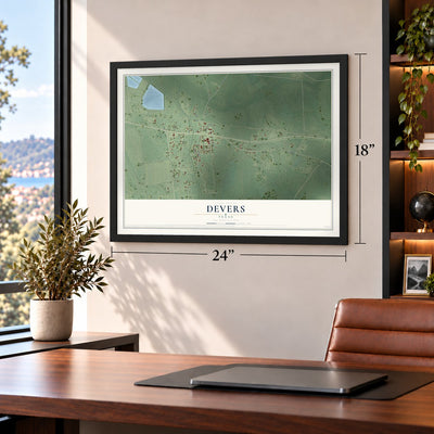 Devers, Texas map, 18 x 24 inch print in a black frame in a home office