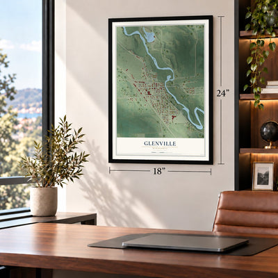 Glenville, Minnesota map, 18 x 24 inch print in a black frame in a home office