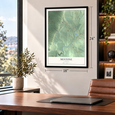 Mentone, Alabama map, 18 x 24 inch print in a black frame in a home office