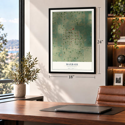 Maxbass, North Dakota map, 18 x 24 inch print in a black frame in a home office