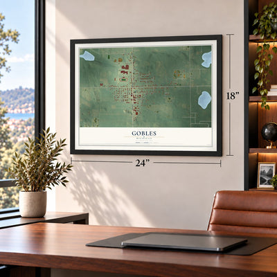 Gobles, Michigan map, 18 x 24 inch print in a black frame in a home office