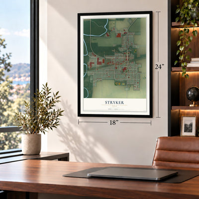 Stryker, Ohio map, 18 x 24 inch print in a black frame in a home office