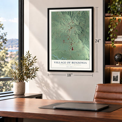 Benzonia, Michigan map, 18 x 24 inch print in a black frame in a home office