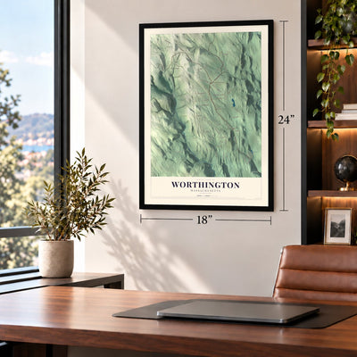 Worthington, Massachusetts map, 18 x 24 inch print in a black frame in a home office