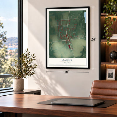 Galena, Maryland map, 18 x 24 inch print in a black frame in a home office