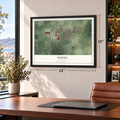 Monee, Illinois map, 18 x 24 inch print in a black frame in a home office