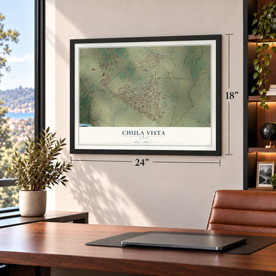 Chula Vista, Texas map, 18 x 24 inch print in a black frame in a home office