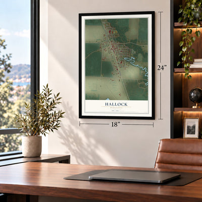 Hallock, Minnesota map, 18 x 24 inch print in a black frame in a home office