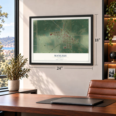 Manlius, Illinois map, 18 x 24 inch print in a black frame in a home office