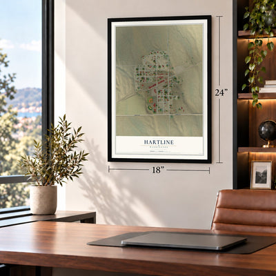 Hartline, Washington map, 18 x 24 inch print in a black frame in a home office