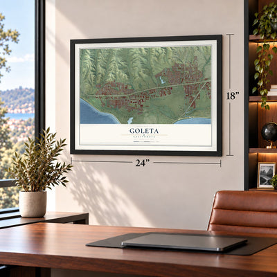 Goleta, California map, 18 x 24 inch print in a black frame in a home office